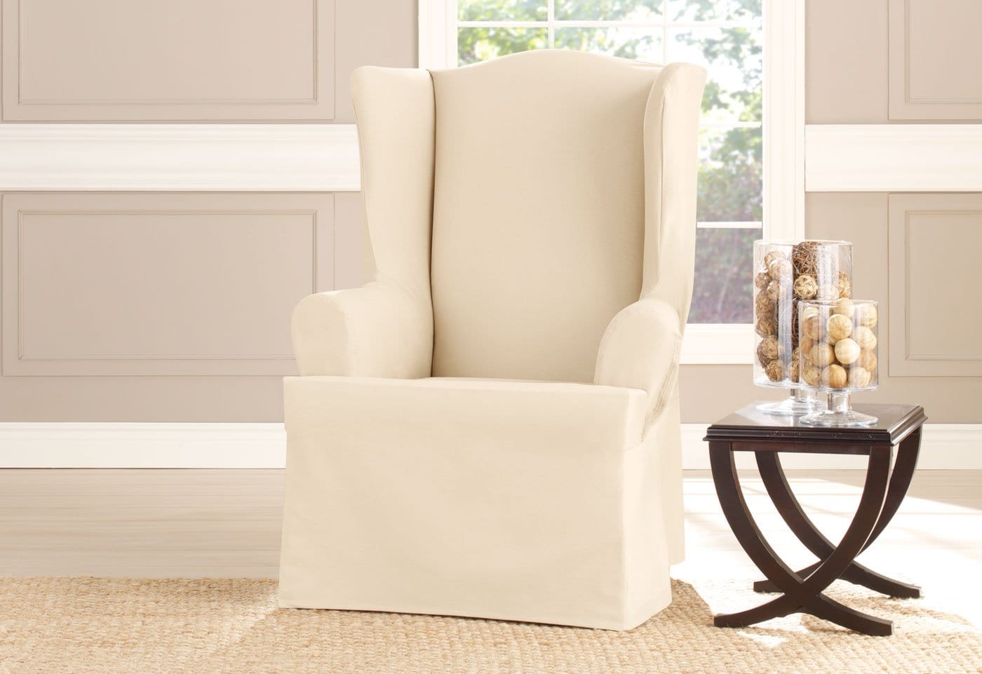 Sure Fit Cotton Duck Wing Chair Slipcover in Natural (As Is Item